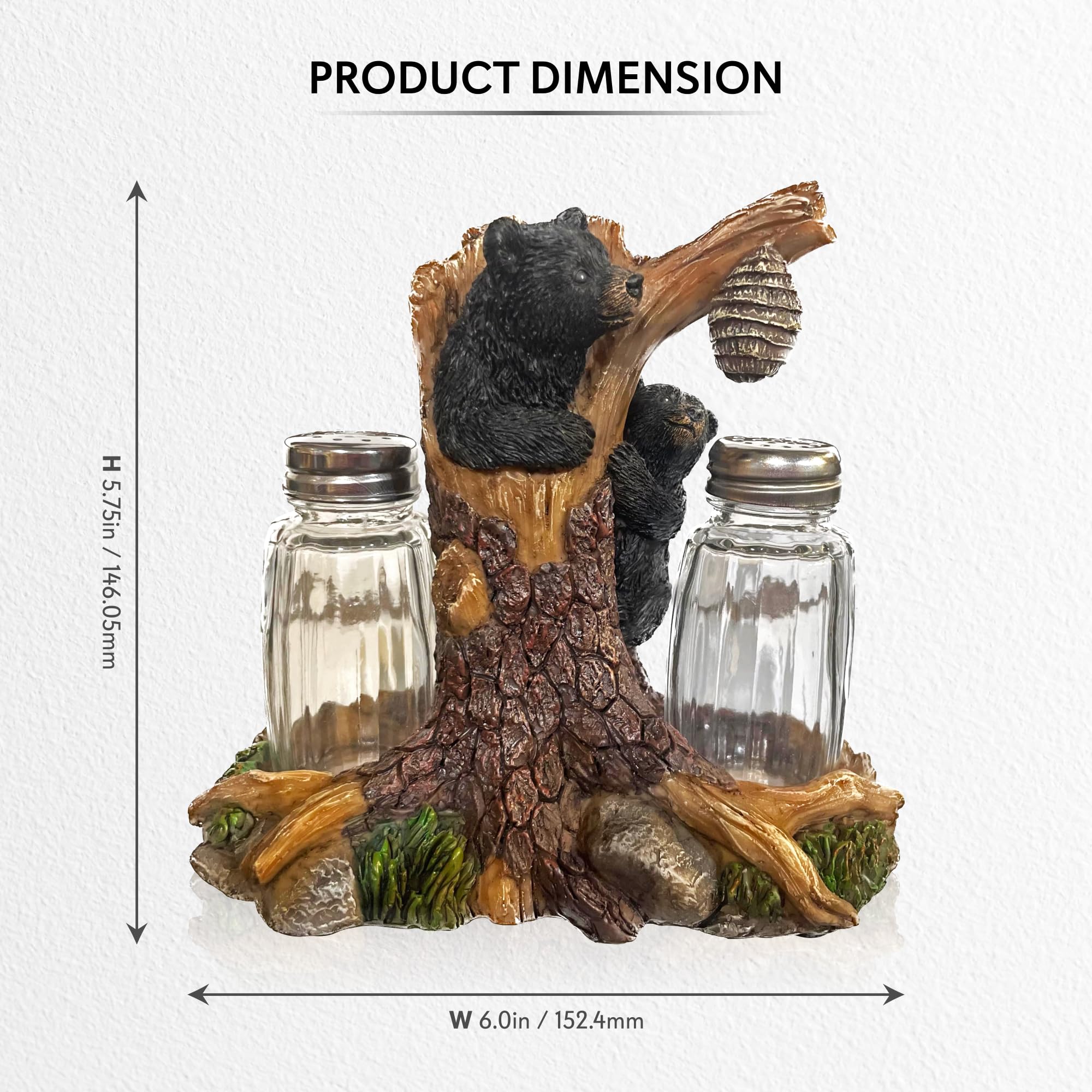 Pine Ridge Salero y pimentero de oso – Dos agitadores de vidrio, soporte de oso en árbol para especias y condimentos, para cocina, comedor o decoración de mesa