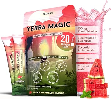 Yerba Mate Energy Drink Mix, Yerba Magic Electrolyte Powder Packets, with Coconut Water, Sea Moss, Amino Acids, Zero Sugar, Alternative to Loose Leaf, Hydration Packets, Watermelon, 20 Count
