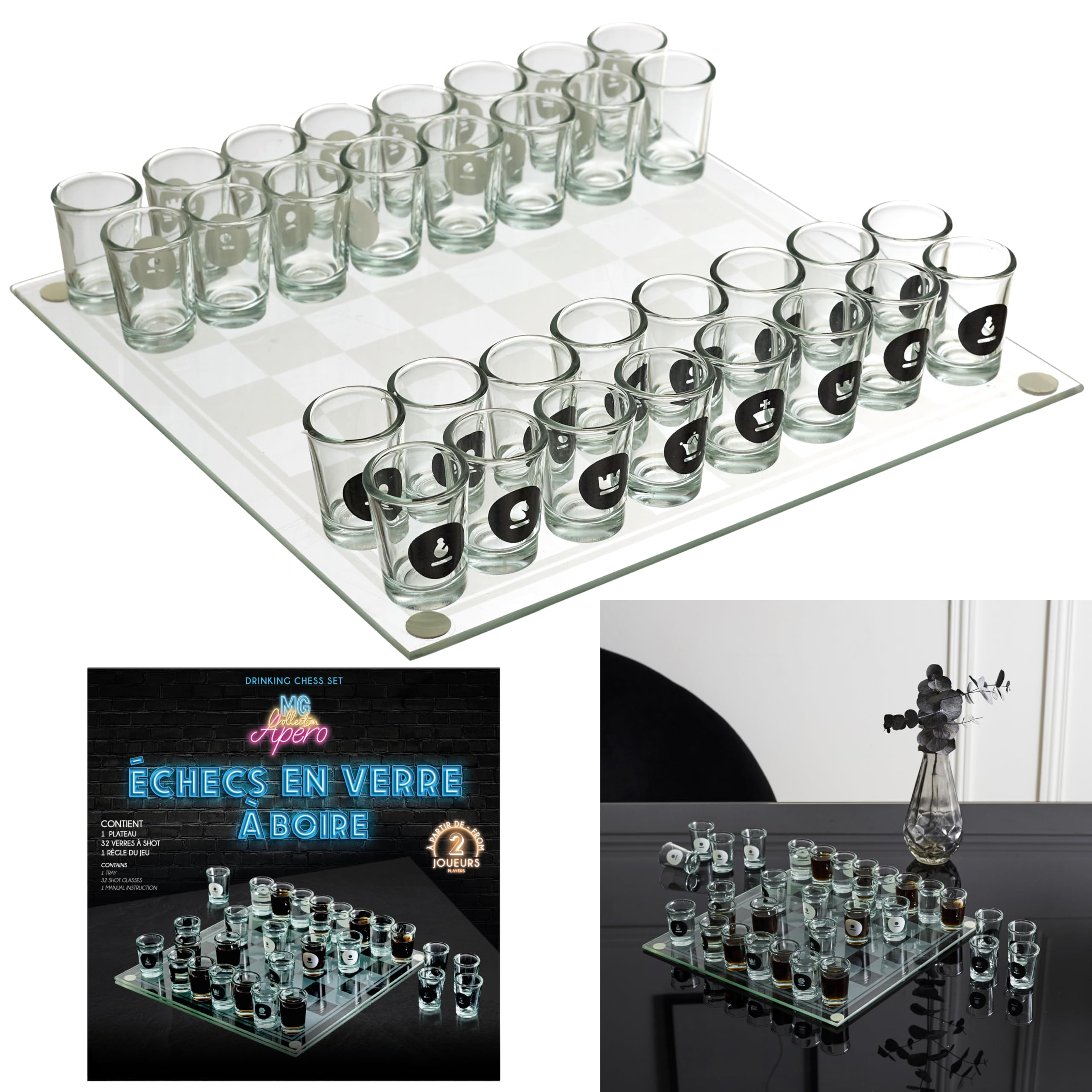 Mister Gadget, MG3519, Gioco di Scacchi da Bere in Vetro, Gioco di Scacchi da Bere in Vetro, Colori: Bianco e Nero, Perfetto per Serate e Regali Divertenti