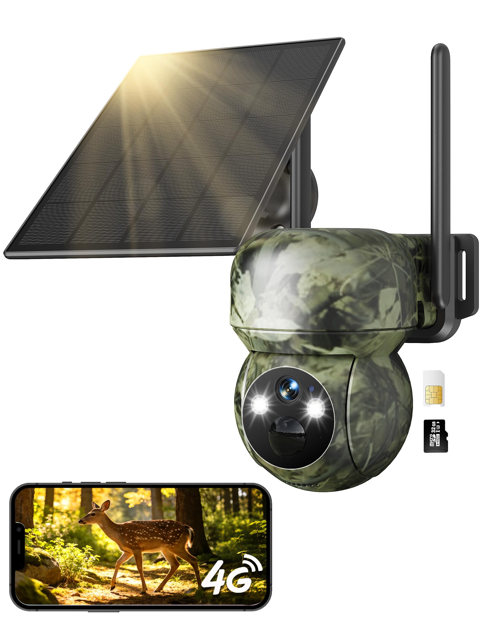 GNCC 4G LTE Camara Fototrampeo de Caza 360°PTZ, 2K Cámara Vigilancia Solar con Tarjeta SIM, Visión Nocturna en Color/Infrarrojos, Audio Bidireccional, IP65 Impermeable, para Caza y Monitoreo Remoto