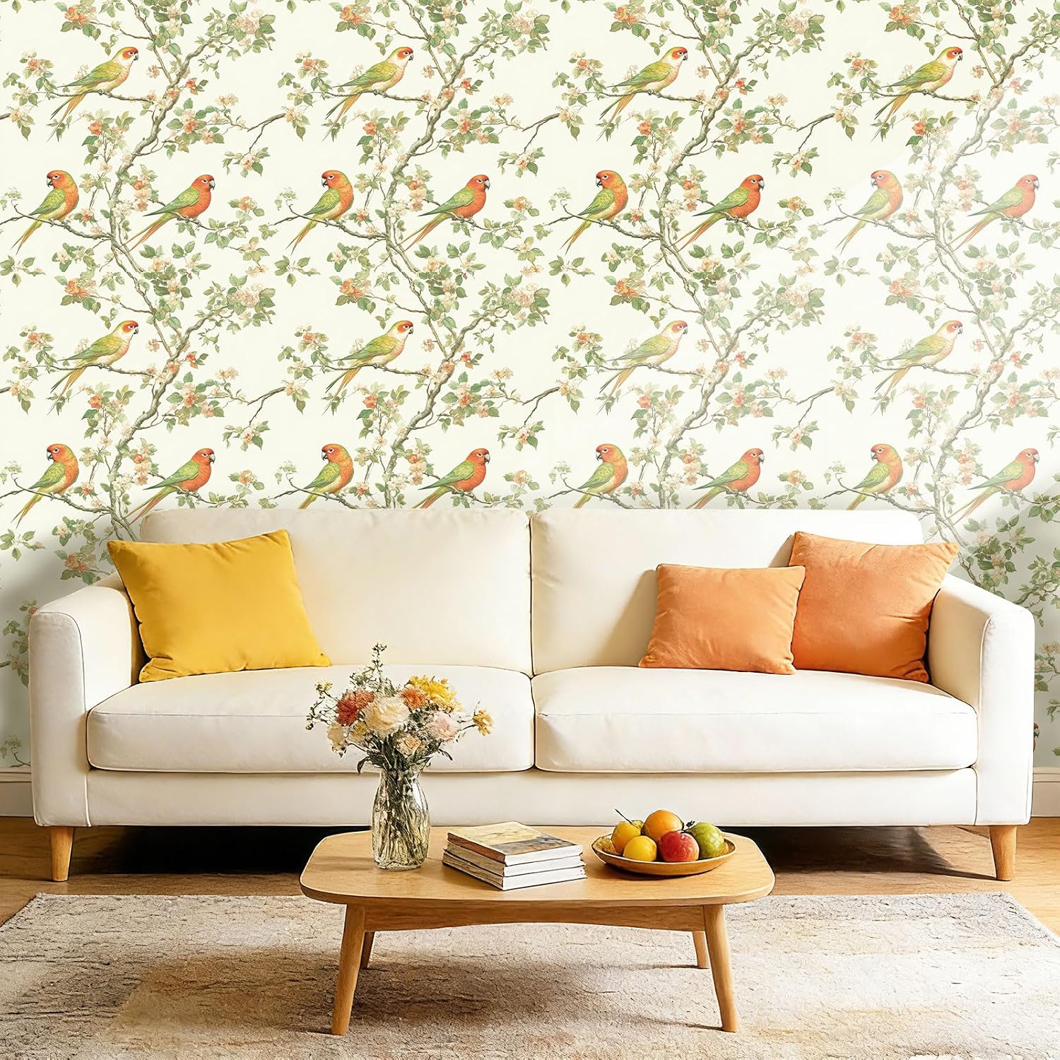 Stickyart Cream Green Bird Wallpaper Peel and Stick 17.5"x276" Boho Tropical Parrot Contact Paper Self Adhesive Watercolor Chinoiserie Bird Floral Branch Wall Paper Retro for Bedroom Kitchen Wall