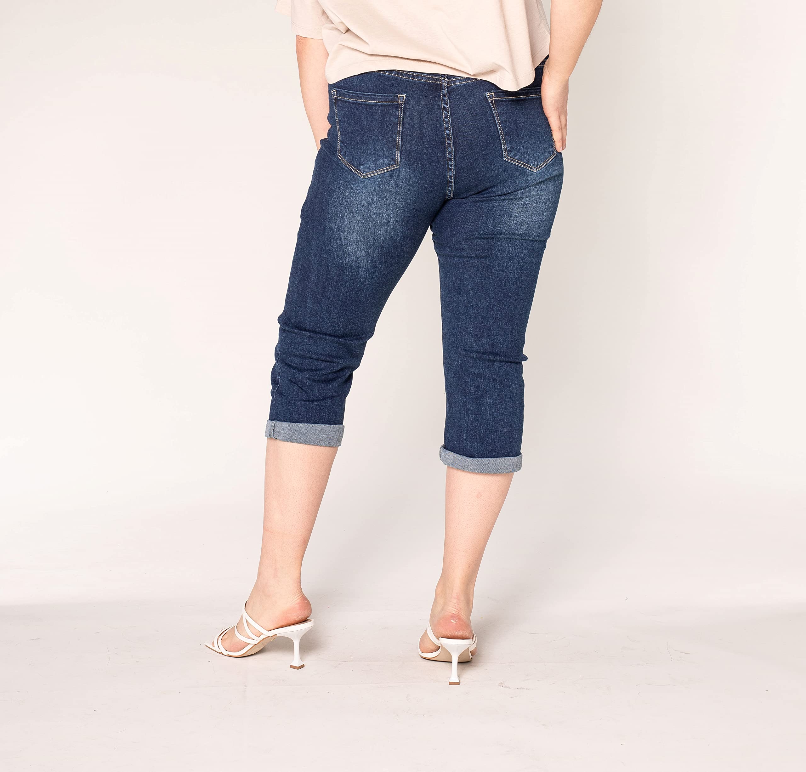 Nina Carter P200 Jean Capri Femme Grande Taille Stretch Taille Haute Jean 3/4 Style Décontracté Usé Pantacourt d'Été Élastique