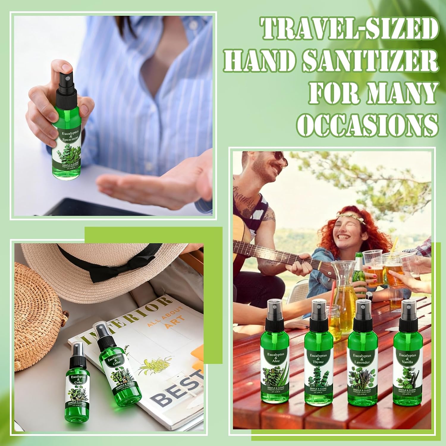 12 Pcs Greenery Eucalyptus Scented Hand Sanitizer Spray with Essential Oil Hydrating Small Hand Sanitizer Spray Travel Size 2 Fl. oz Compact Bottle for Pocket Purse Bag Handbag Desk Drawer Car
