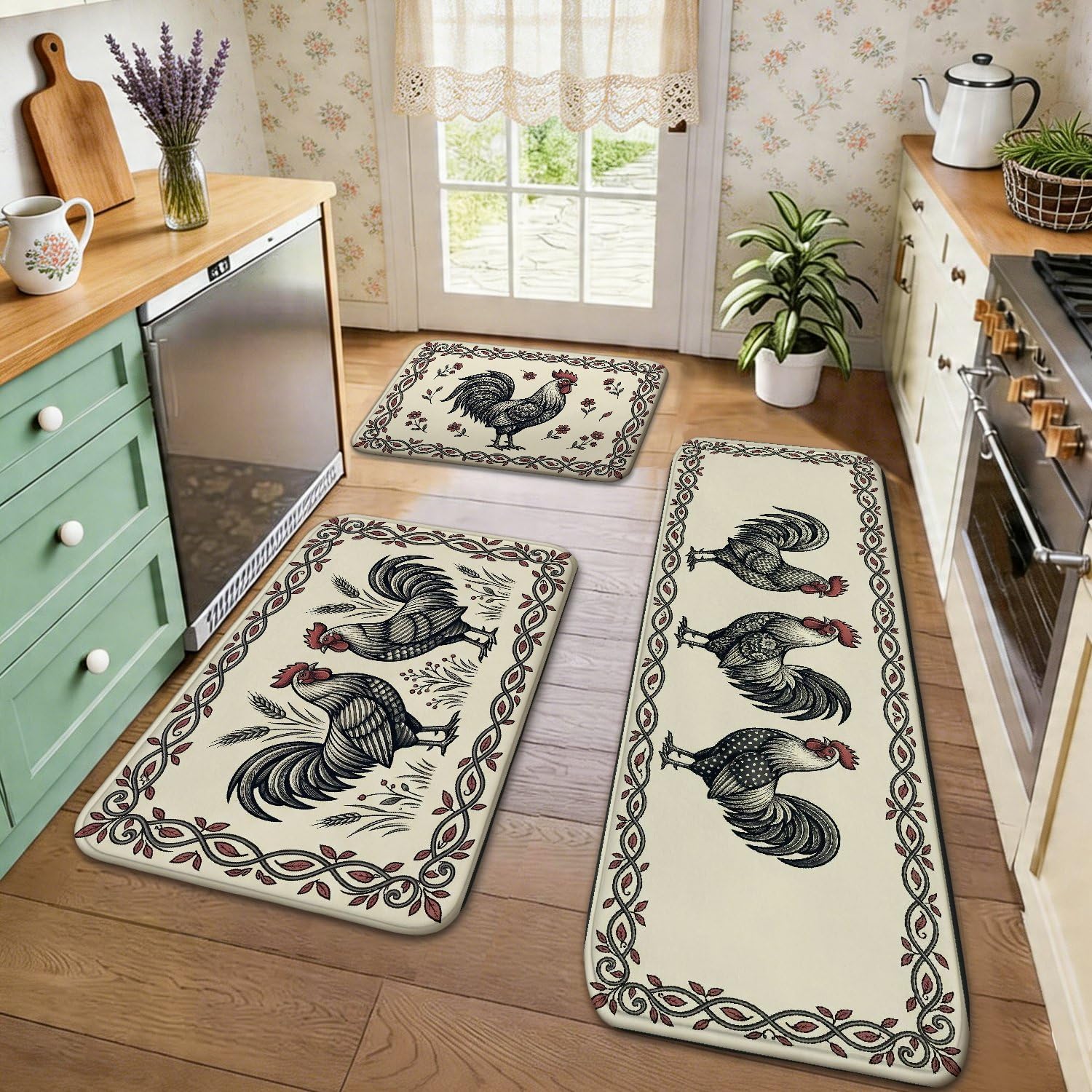 Tapis de cuisine coq pour éviter les sols froids devant l'évier