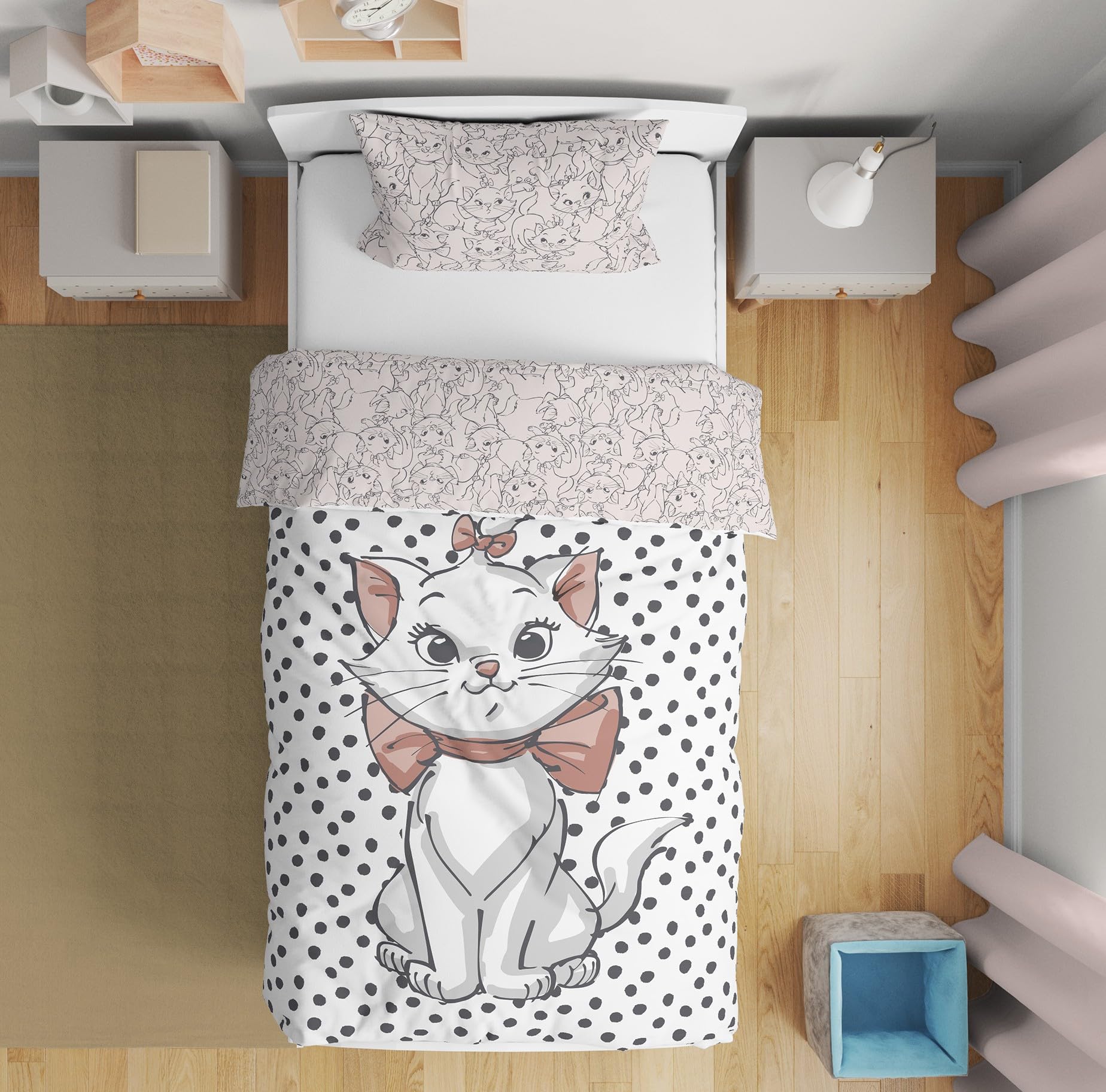 Disney Marie Aristocats Single Duvet Cover Set – 100% Cotton Reversible Kids Bedding with Pillowcase – Girls Bedroom Set – Official Princess Cat Design – Soft, Breathable & Machine Washable