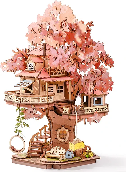 ROBOTIME DIY Miniature House Kits for Adults, 3D Wooden Puzzles for Teenager, Japanese Cherry Blossom Tree Sakura Bonsai Plants for Birthday Gifts and Hobbies (Sakura Tree House)