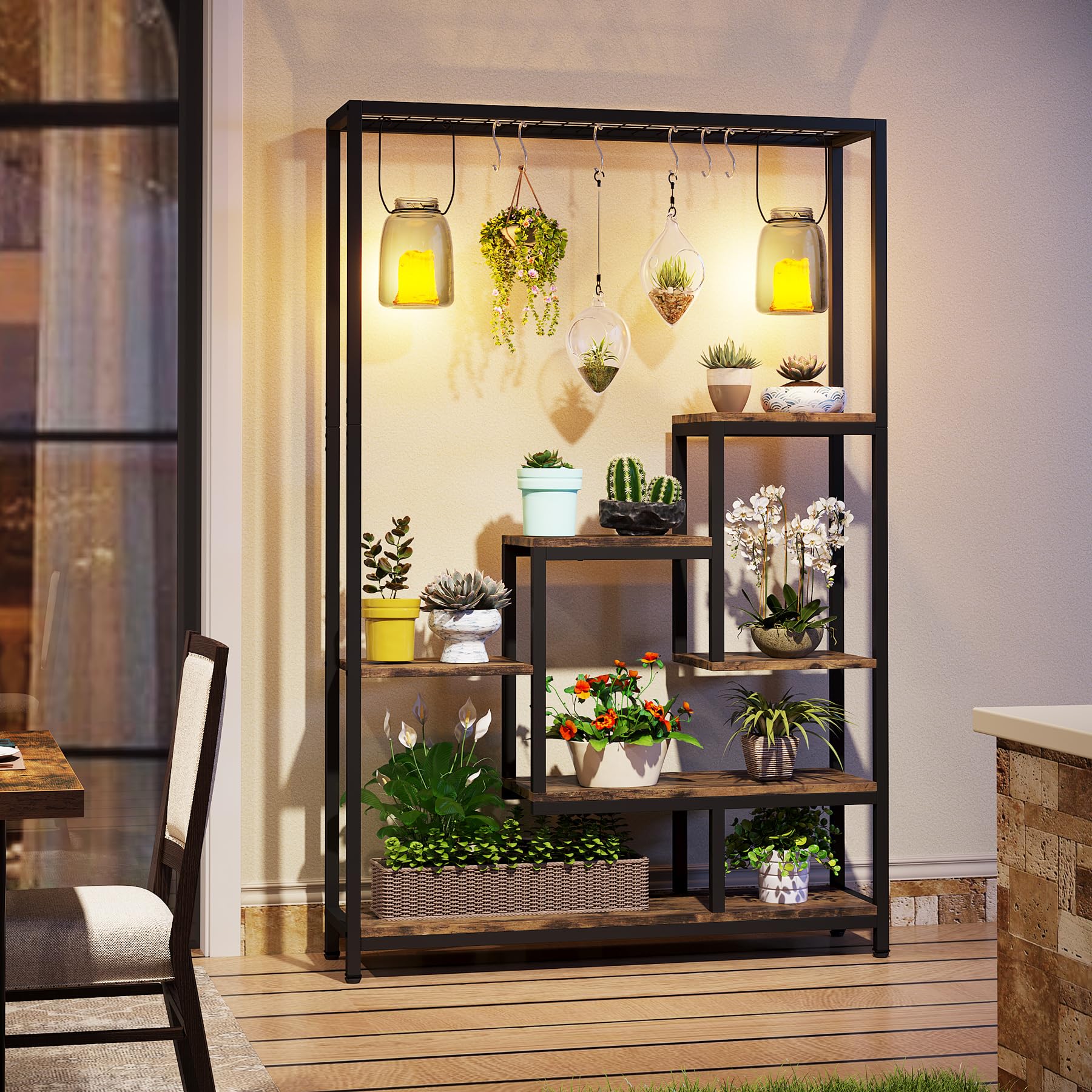 Tribesigns Pflanzenständer Blumenständer indoor 5 Etagen Pflanzenregal mit 10 S-Haken, 180 cm Blumenregal Metall für Balkon Deko Garten Blumentreppe Wohzimmer (Braun)