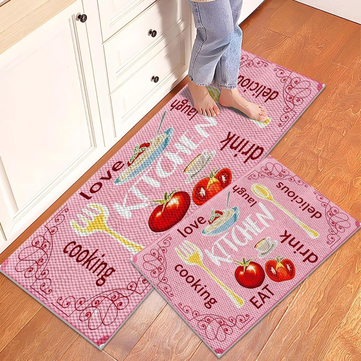 Pink Kitchen Rug 3 Piece Set,Cooking&Eating Kitchen Home Decor,Pineapple Texture Design Washable Non-Slip Floor Mat,Foldable Durable Kitchen Runner Rugs 16"x24"+20"×32 +20"×47"
