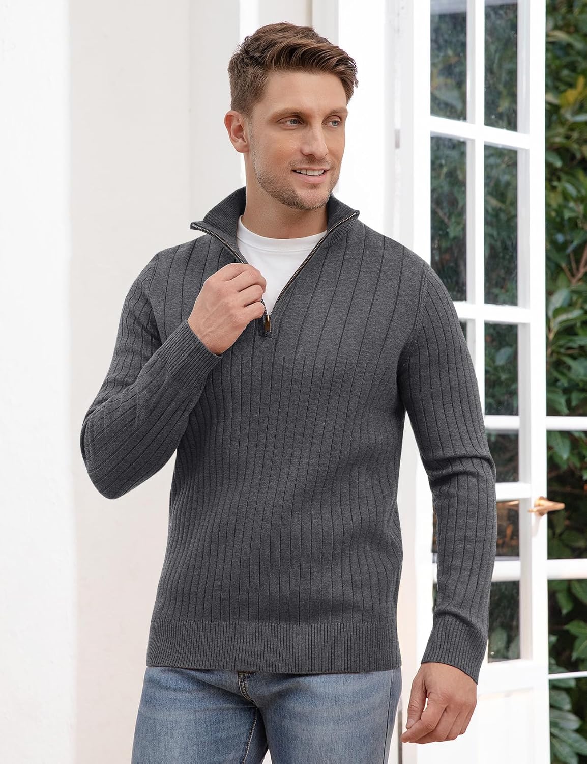 Kissonic Men's Quarter-Zip Pullover Sweater Slim Fit Mock Neck Lightweight Knitted Casual Polo Sweaters - Image 3