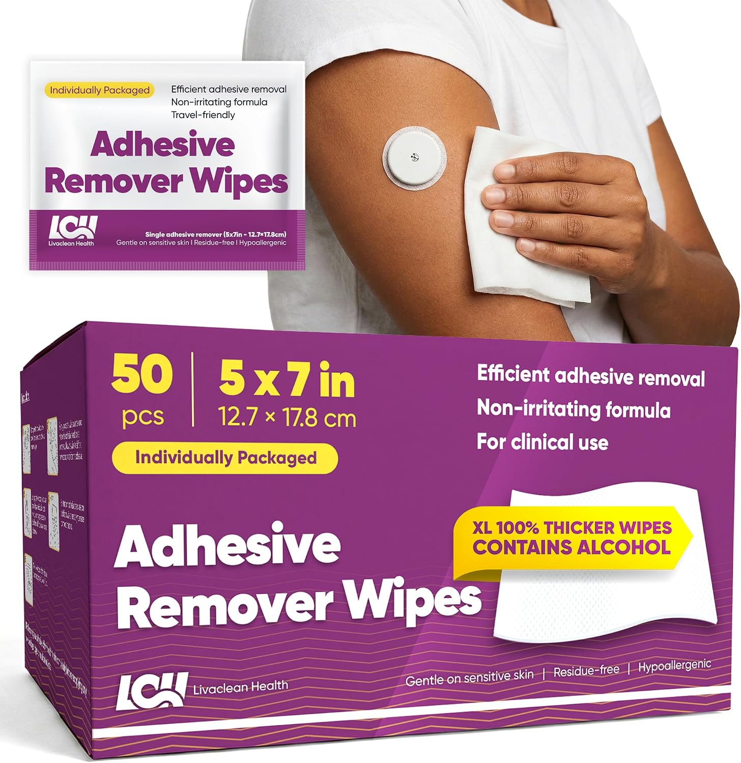 50 CT Large Adhesive Remover Wipes – 5"x7" 60 GSM Thick Medical Adhesive Remover for Skin – Bandage Adhesive Remover - Adhesive Wipes for Tape, Dressings, and Ostomy Residue by Livaclean Health