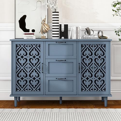 Sideboard Buffet Cabinet with Storage - Accent Storage Cabinet American Furniture, Modern 2 Door 3 Drawer Cabinet, Farmhouse Wood Credenza for Living Room, Dining Room, Entryway (Blue)