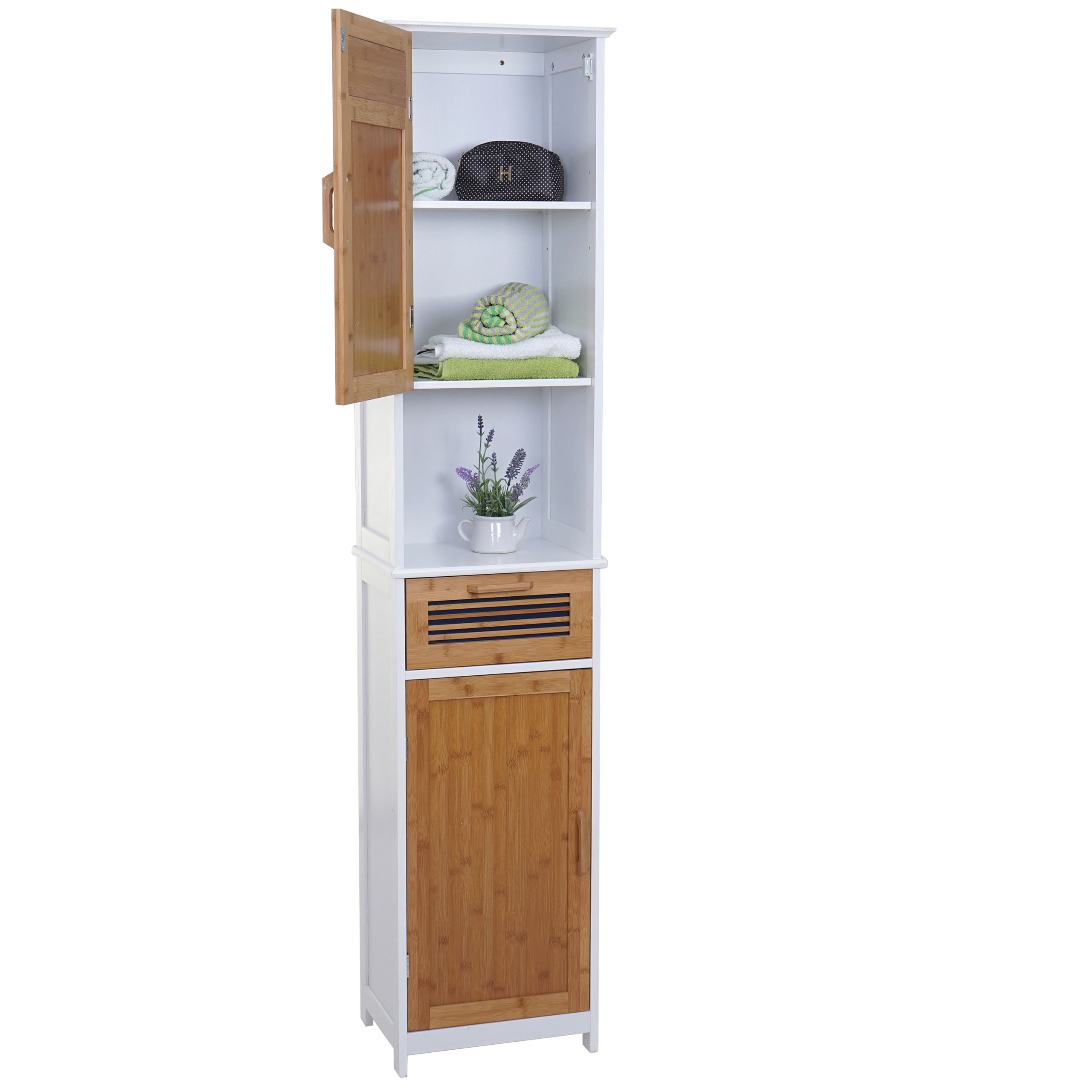 Mendler Hochschrank HWC-A85, Badschrank Badregal Bambus, MVG-Zertifiziert 180x40x31cm weiß