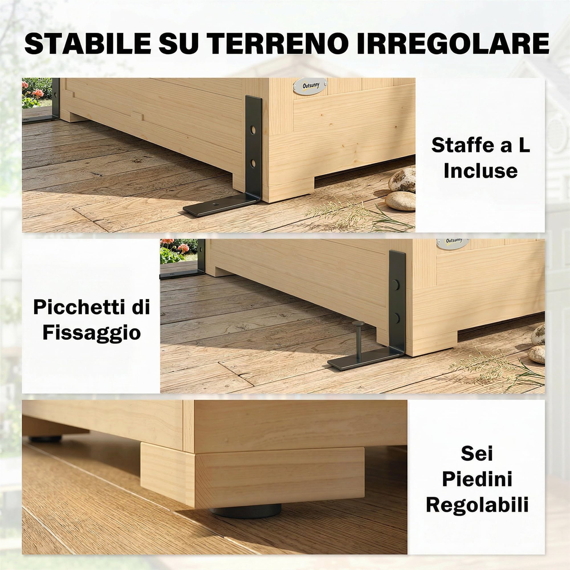 Outsunny Armadio da Giardino in Legno Abete Walk-in, Casetta Porta Attrezzi da Esterno con Tetto Inclinato Asfalto, 4 Finestre, 6 Ripiani, Prese d'Aria, Kit Antiribaltamento, 147x68x198cm, Color Legno