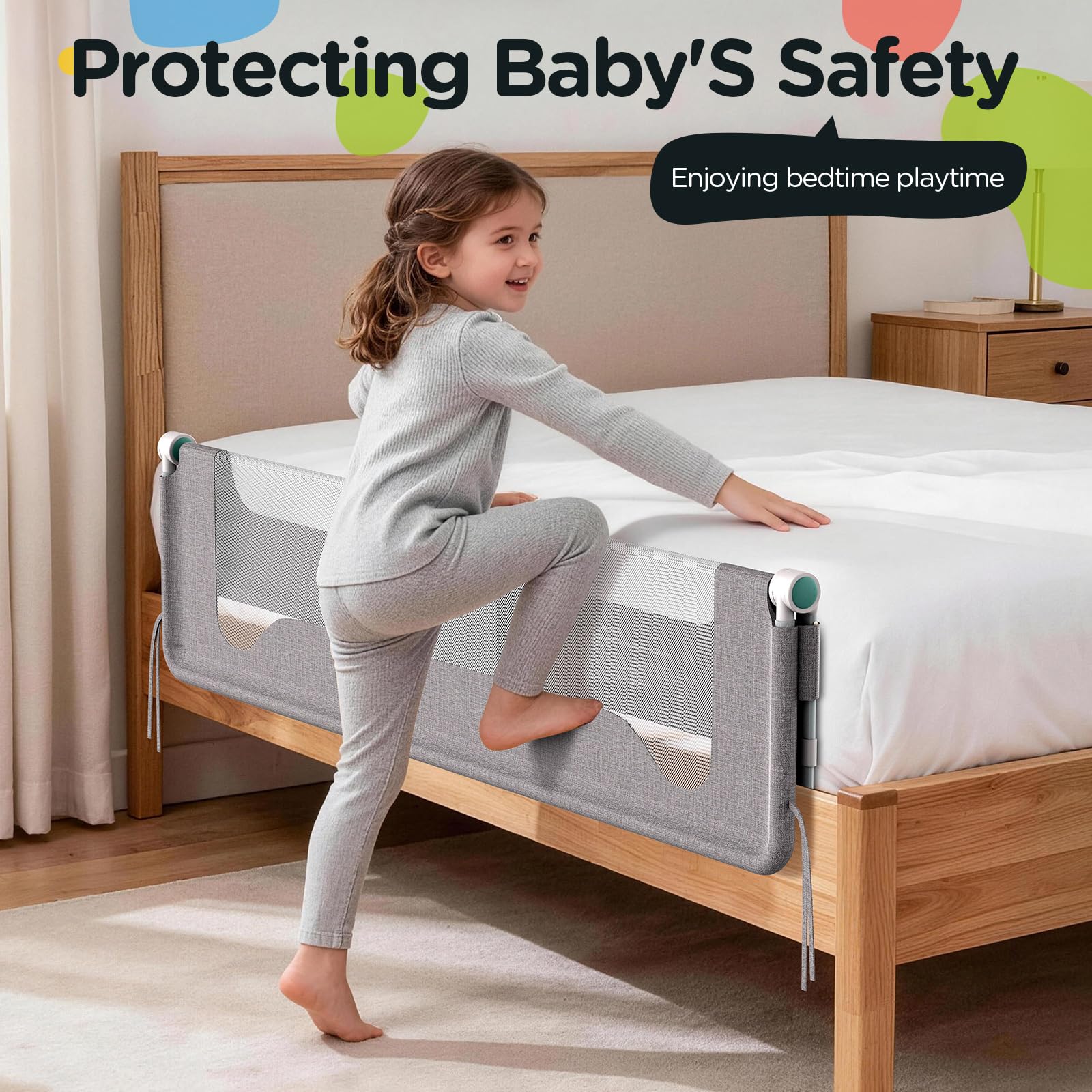 Huracan Barriera per letto Pieghevole 150 cm, protezione anticaduta per letto, protezione anticaduta regolabile in altezza in 14 posizioni, barriera stabile per lettini, letto dei genitori e lettino