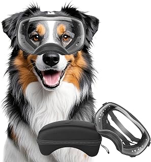 Billionchains Dog Sunglasses UV Protection Clear Dog Goggles Windproof Glasses with Elastic Straps for Medium-Large Breed, Black Frame + Clear Lens