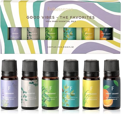 Folkulture Juego de aceites esenciales para difusor, juego de 6 aceites esenciales puros para difusores para el hogar, difusor de aromaterapia,