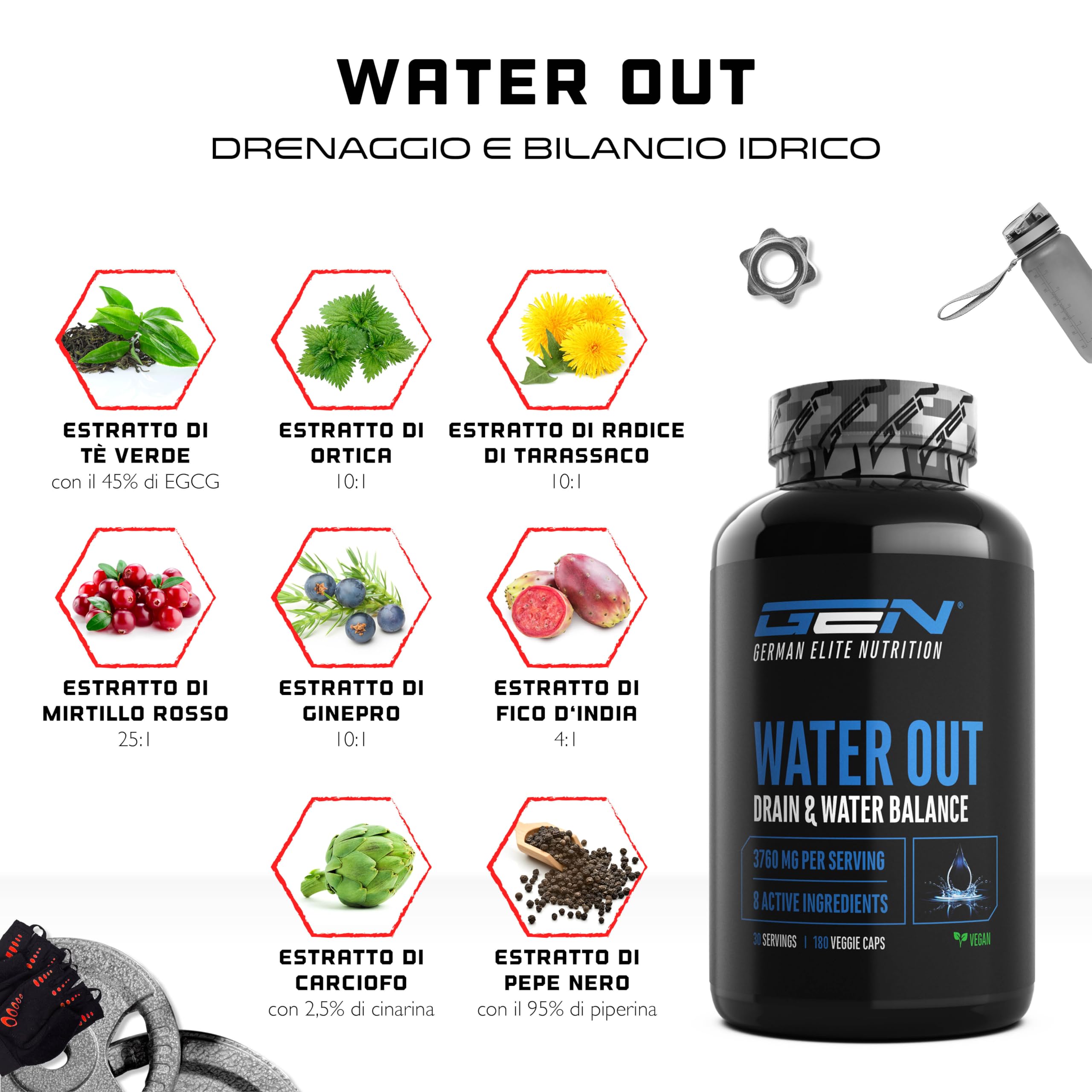 Water Out Complex per l'equilibrio idrico e il drenaggio - Con tè verde, ortica, tarassaco ed estratto di carciofo - Alternativa alle compresse drenanti chimiche - 180 capsule