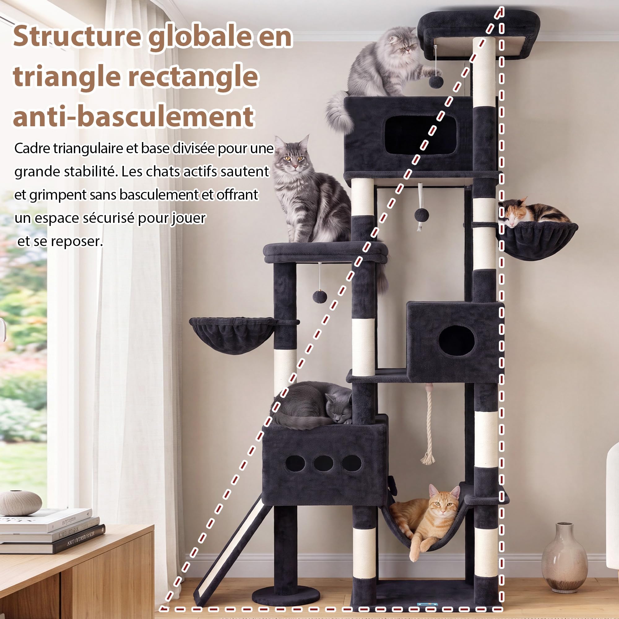Gitelsnour Arbre À Chat 225 cm XXL – Arbre Stable pour Chats Grands, 3 Niches, 2 Paniers Suspendus, Hamac, Planche À Griffer, 2 Plates-Formes D'Observation, Socle Stable, Gris Foncé GCT808G