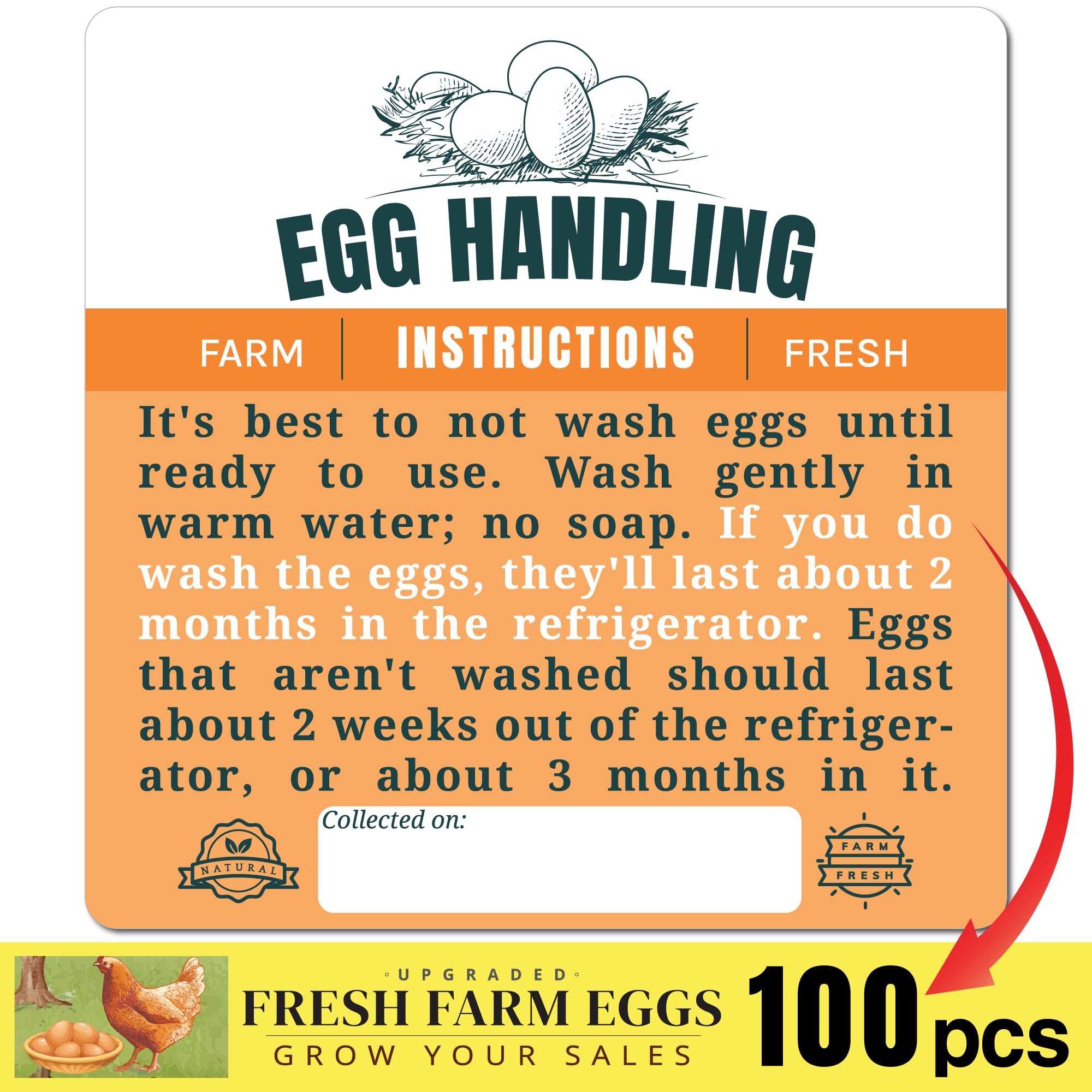 100pcs Premium Fresh Farm Eggs Handling Care Instructions Stickers Labels Accessories | Egg Blank Cartons 4 6 12 15 18 30 48 50 Count Basket Box Container Storing Extra organizer (M05-3SS)