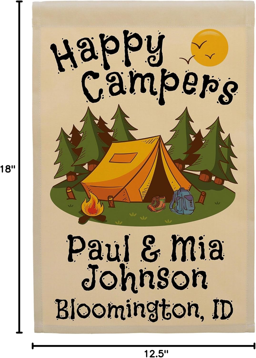 Personalized Happy Campers Camping Themed Garden Flag with 3 Lines of Custom Text, Yellow Tent on Tan Fabric