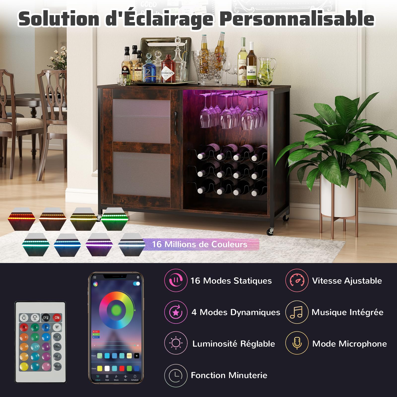 COSTWAY Meuble Bar à Vin avec Lumière LED, Buffet de Cuisine pour 42 Bouteilles, Placard avec Étagères Réglables, Supports à Verres, Industrielle, Chariot sur roulettes pour Salle à Manger, Salon