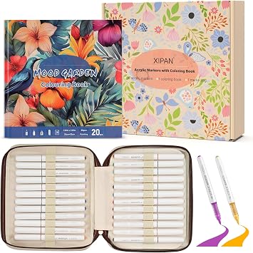 XIAPN 36 Acrylic Paint Markers with Coloring Book | With Canvas Bag and Mood Garden Coloring Book, Brush Tip Markers for DIY Art & Crafts -Fabric, Rock, Wood, Glass, Metal