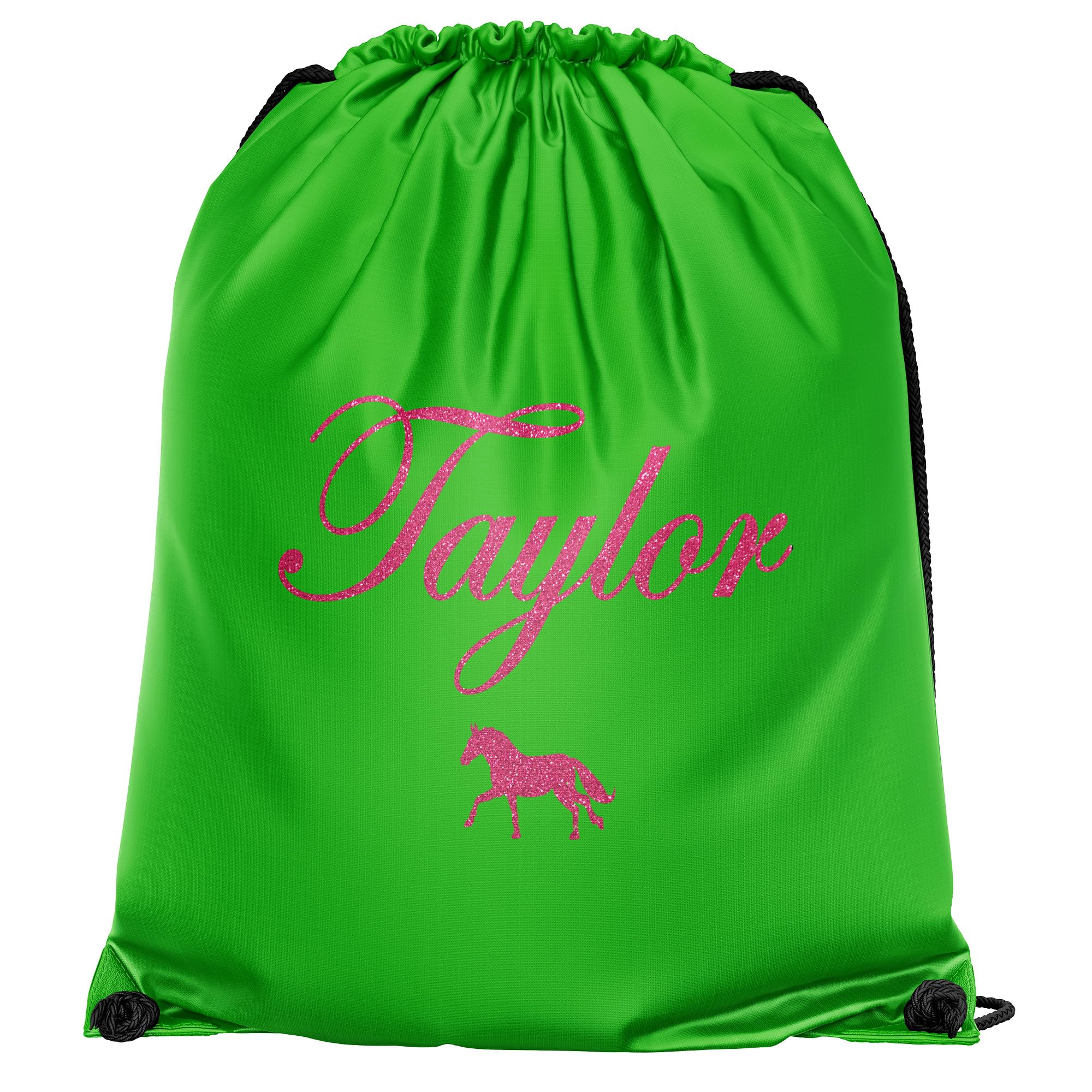 Personalised Pink Glitter Horse Girls Drawstring Bag Equestrian Back to School PE Sports Bag Kids, One Size, Lime Green โ image 1