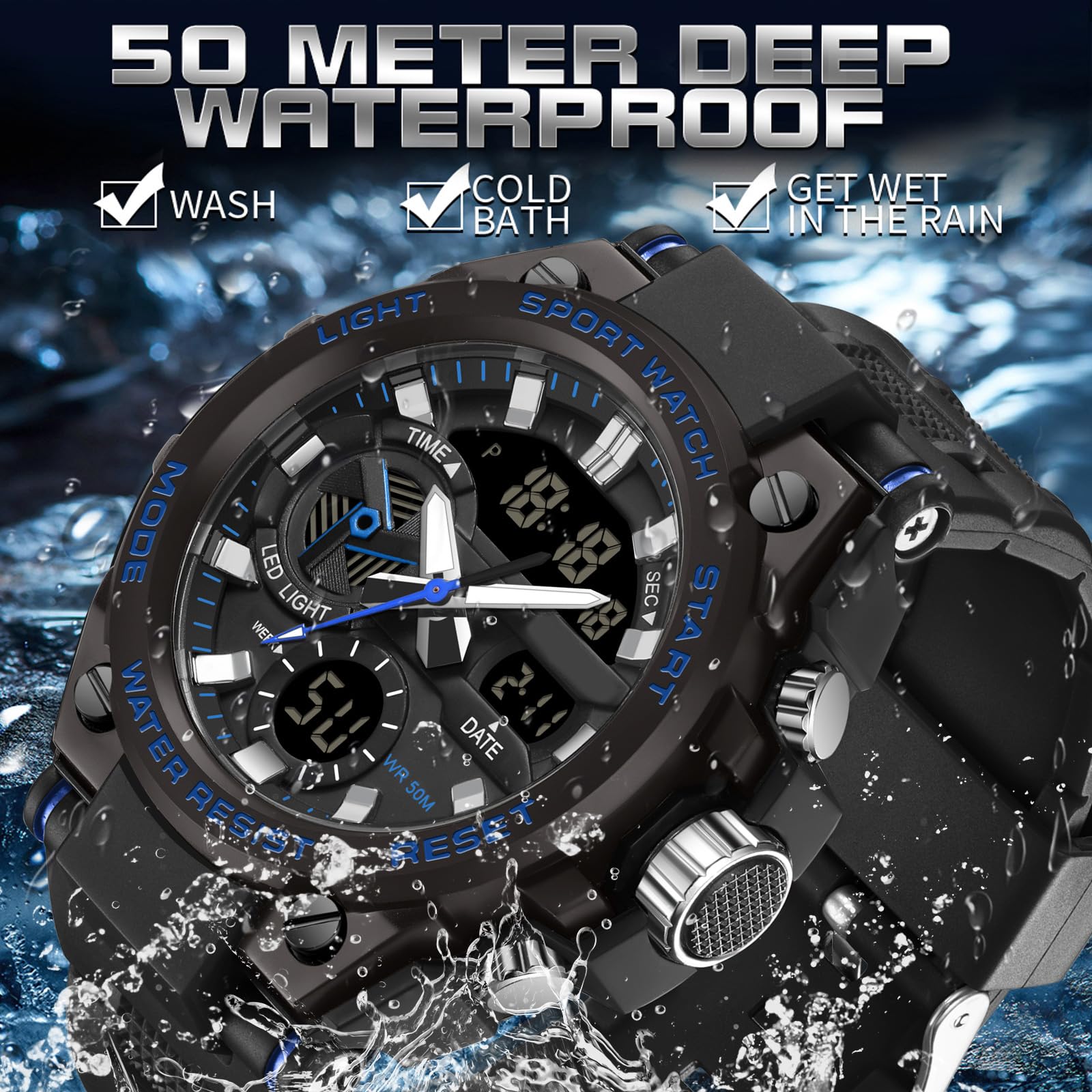 Orologio militare da polso da uomo, multifunzione, analogico, digitale, con cronometro, sveglia per ragazzi, 5 ATM, impermeabile, con illuminazione, data e giorno della settimana, casual
