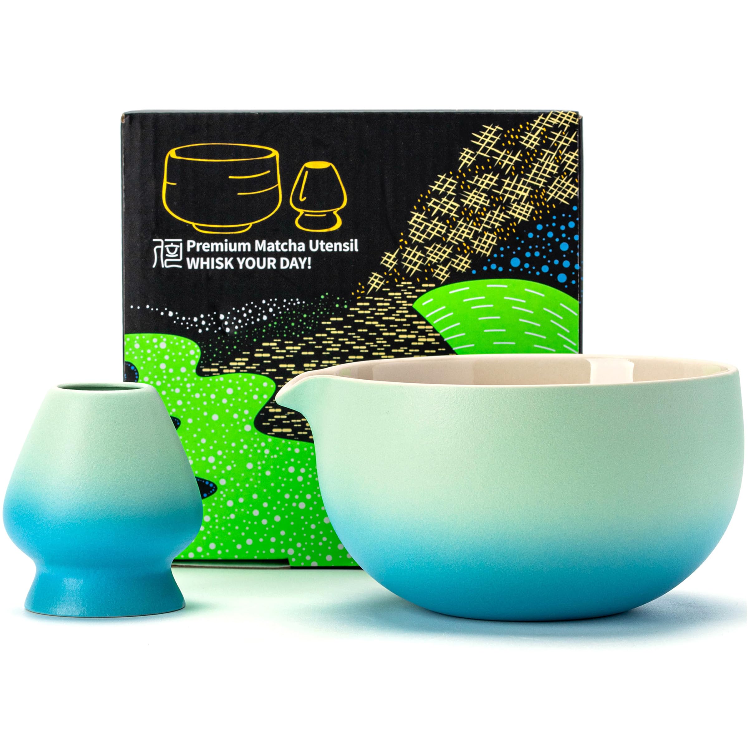 TEANAGOO Japanische Matcha-Schüssel aus Keramik mit Schneebesenhalter, 530 ml, K31, blau-weißer Farbverlauf, Chawan-Matcha-Teeschale, Matcha-Keramikschale, Teeschalen für Matcha,…