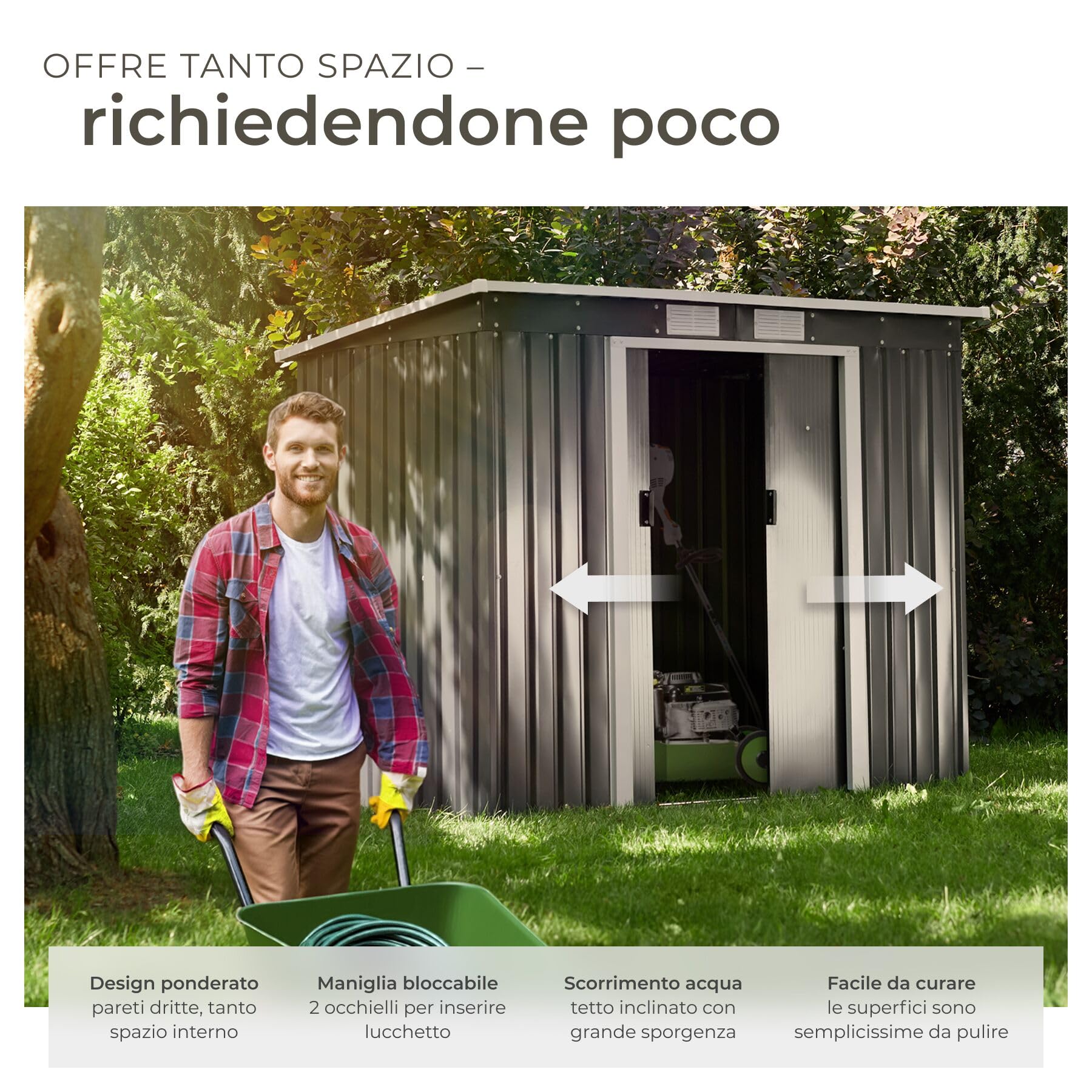 tectake® Casetta da Giardino in Lamiera, Box con Tetto Inclinato, Box da Giardino per Esterno con Porta Scorrevole, Lamiera in Acciaio, Fondamenta in Metallo - Grigio/Bianco