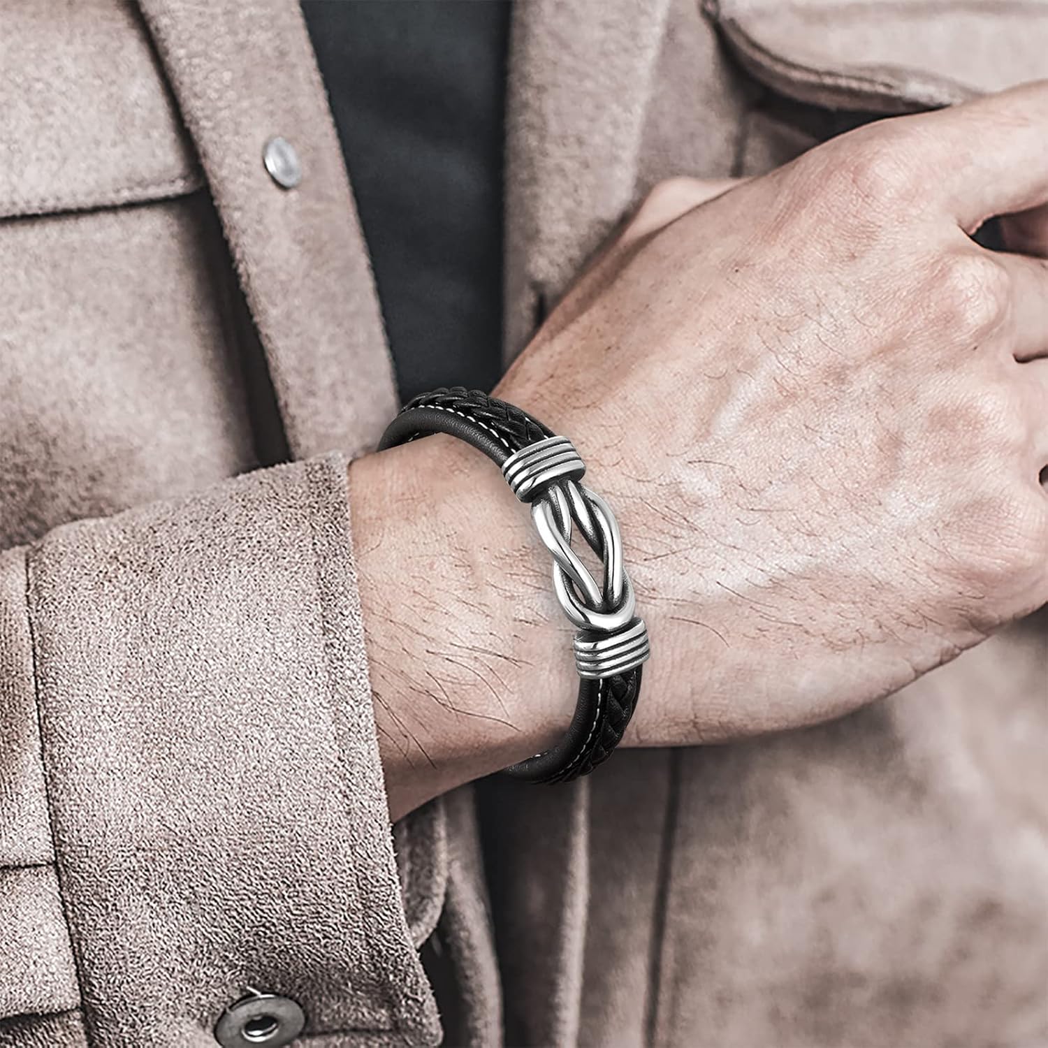 Leather Bracelet for Men Multi-Layer Braided Leather Infinity Bracelet with Clasp Black Inspirational Bangle Bracelets Wristband Christmas Birthday Valentine's Day Gifts for Son - Image 8