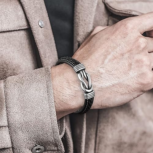 Miniatura 8 de Pulsera de cuero para hombre, pulsera de cuero trenzado multicapa con cierre de infinito negro inspirador, pulsera de Navidad, cumpleaños, día