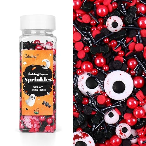 Miniatura 7 de Gránulos de Halloween para decoración de pasteles, gránulos de perlas negras y rojas con murciélagos negros y dulces de globo ocular, perfectos