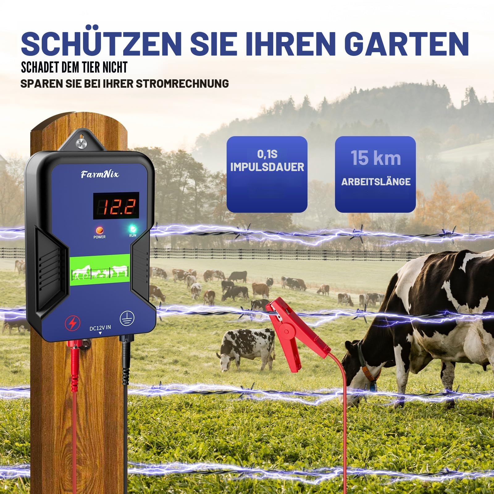 12V Weidezaungerät mit LED Anzeige, 2J Wasserdicht Elektrischer Weidezaun 230V für 15 KM Reichweite, LED Display Eelektrozaun für Schutz von Nutztieren,Haustieren,Geflügel, Hausweide,Gärten (Blau)