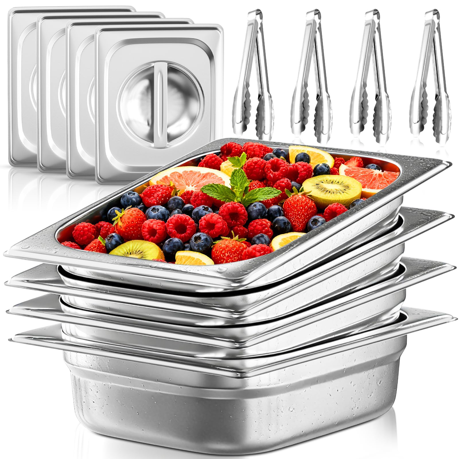 Photo 1 of 1/2 Half Size Commercial Hotel Pans 4" Deep (4 Pack), Stainless Steel Steam Table Pans with Lids, Anti-Jam Restaurant Food Pans for Baking, BBQ Marinating & Catering Events, Oven Safe, 4 Kitchen Tongs