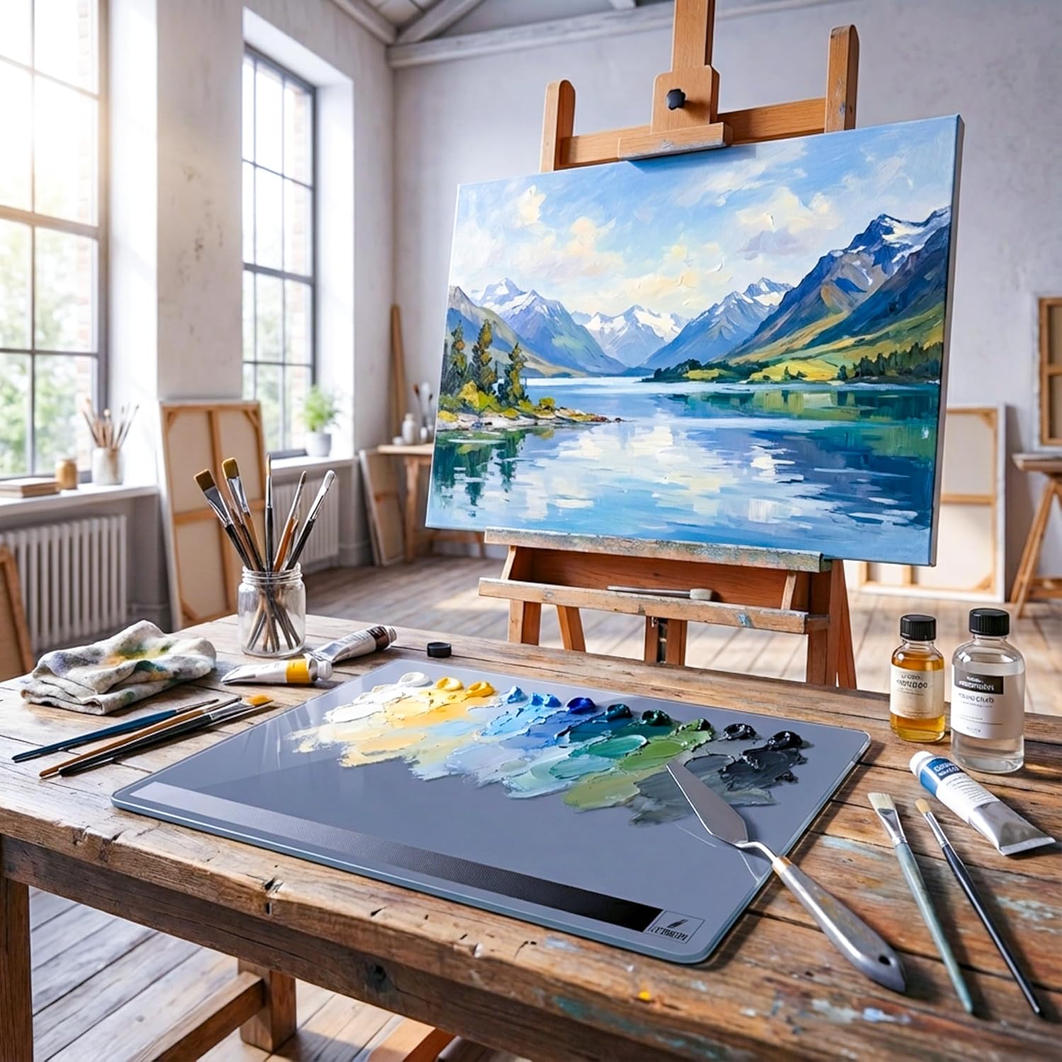 12x16 Inch Tempered Glass Palette for Oil & Acrylic Painting, Neutral Grey with Built-in Value Scale, Water Washable Easy-Clean Surface, Scratch-Resistant Color Mixing Palette