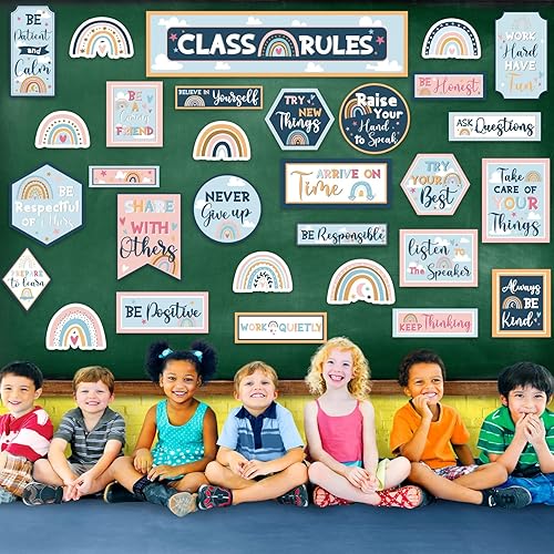 Miniatura 7 de Class Rules - Decoración de tablón de anuncios, diseño bohemio, arco iris, reglas motivacionales, tablón de anuncios, comportamiento, buenos hábitos