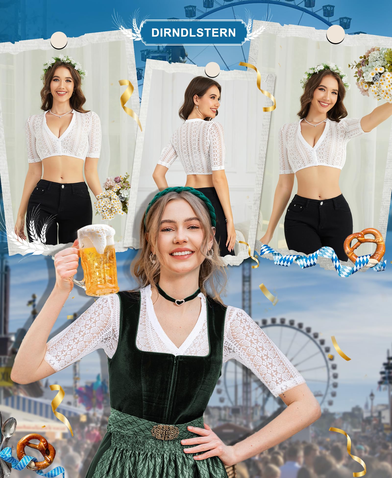 DIRNDLSTERN Dirndlbluse Damen Spitze Weiß - Trachtenbluse Halbarm Bluse mit V-Ausschnitt für Oktoberfest