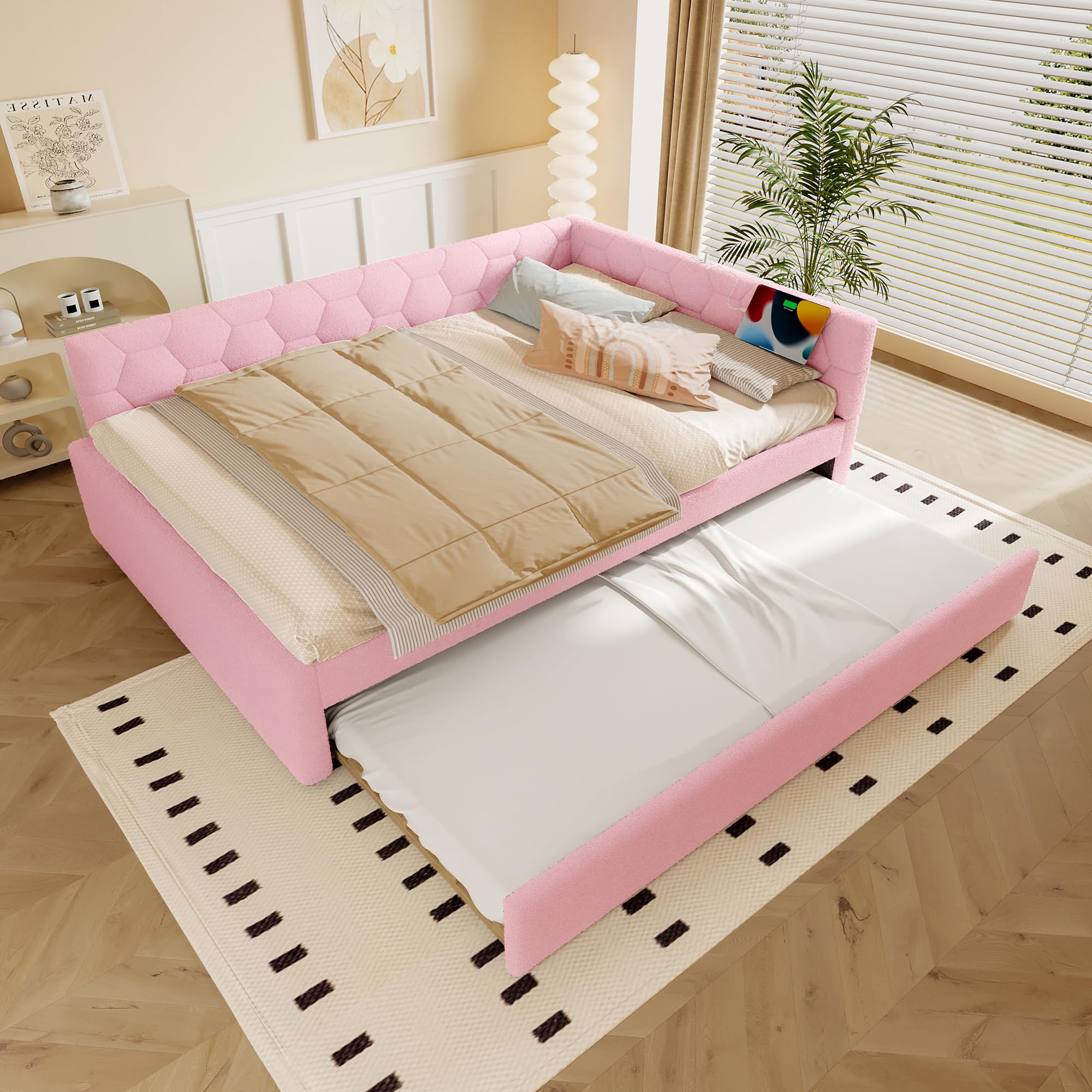 Letto Tessile 140x200cm con Sommier a doghe stabili e Struttura Letto Matrimoniale fissa divano piattaforma in legno mdf estensibile secondo letto estraibile tessuto Rosa