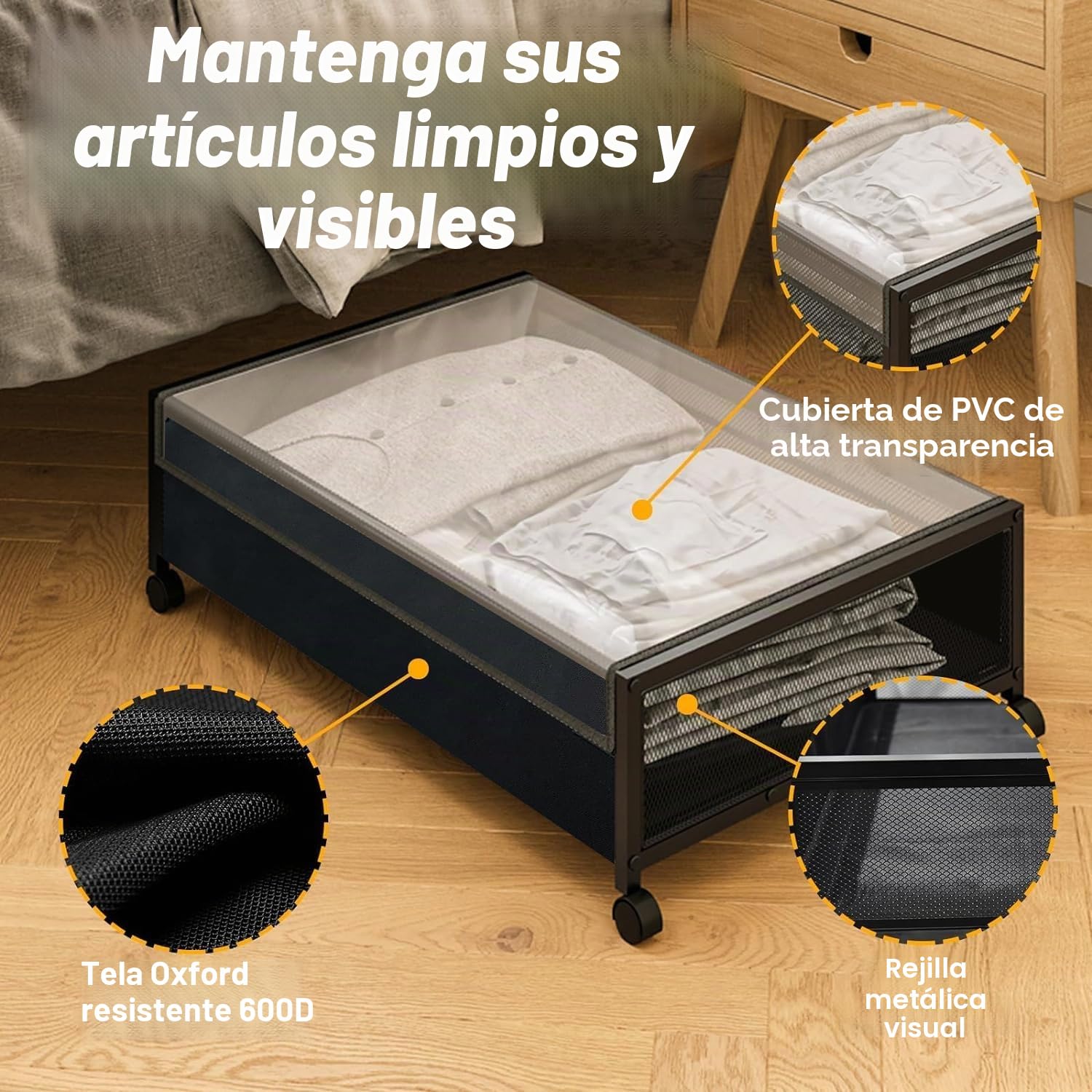 SPECILITE Caja Bajo Cama con Ruedas 2 Piezas, Metálico Almacenaje Bajo Cama, Cajas Almacenaje Ropa con Ruedas y Tapa, Zapatos, Juguetes y Mantas