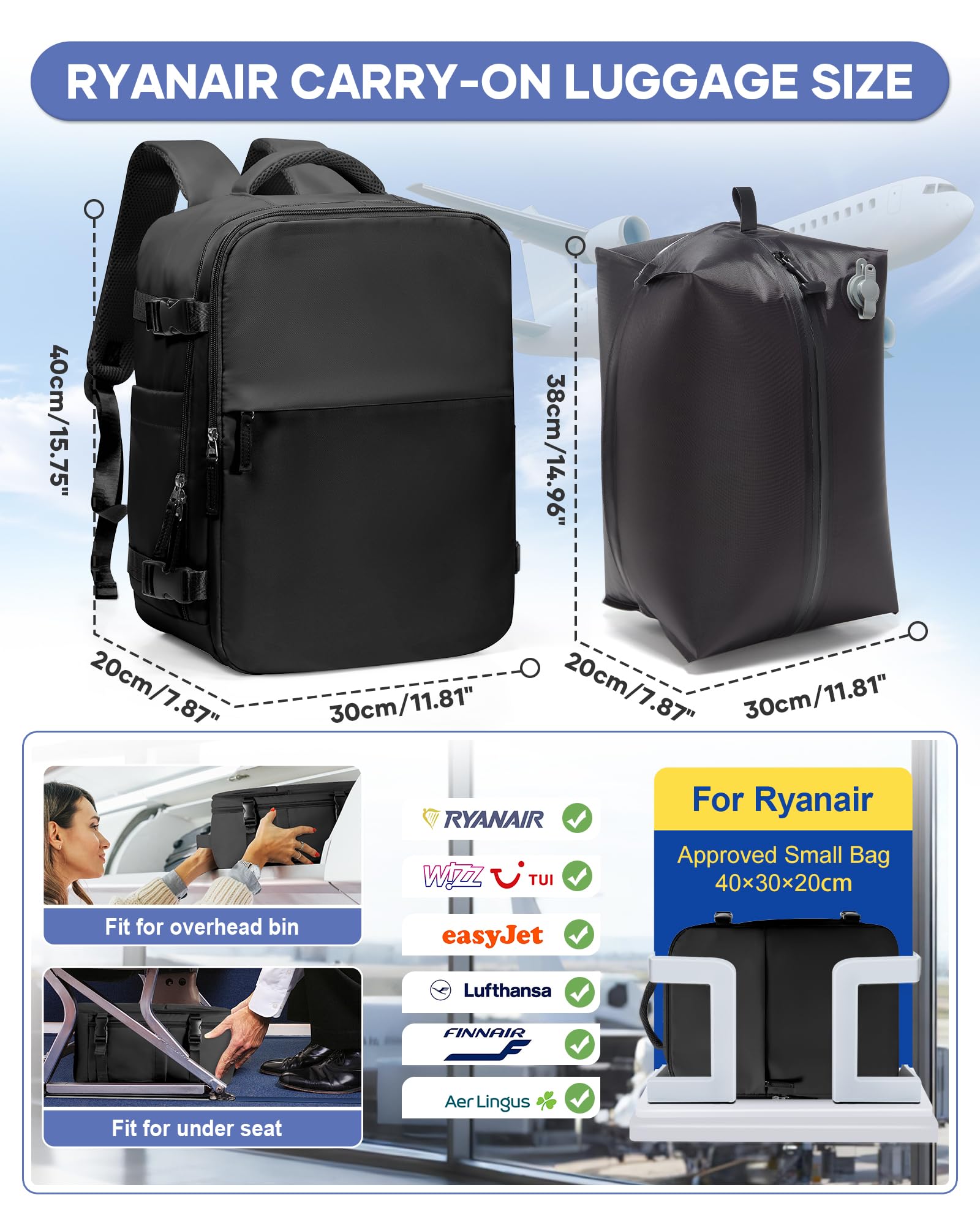 BJLFS Zaino da Viaggio con Sottovuoto Ryanair 40x30x20 Wizzair Bagaglio a mano 40x20x25 Ryanair con Pompa Borse da Cabina per Easyjet 45x36x20 con compressione sottovuoto,Zaino Casual per Laptop