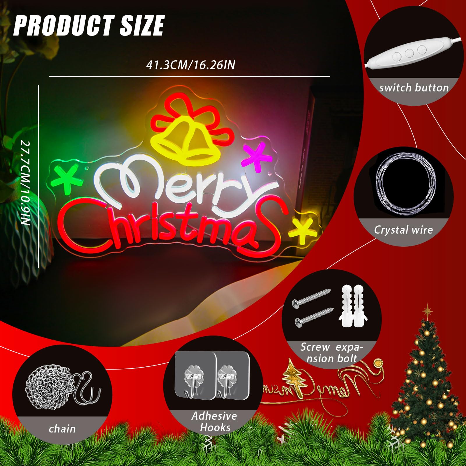 Letrero de neón de Navidad regulable con campanas de Navidad, letrero de luz LED de neón para fiesta, hogar, puerta de tienda, ventana, bar, vacaciones, festival, decoración de pared, regalo