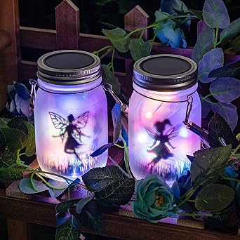 2 Pack Solar Fairy Jar Lanterns for Garden   Hanging Glass Mason Jar Lights with LED String Lights, Waterproof Solar Decorative Lights for Patio, Table, Balcony, Lawn & Outdoor Decor Multicolored [Energy Class G]