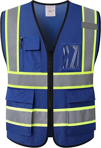 Miniatura 1 de Kazsaifo Chaleco de seguridad reflectante para hombres y mujeres, con 5 bolsillos y cremallera frontal, chaleco de malla de alta visibilidad,