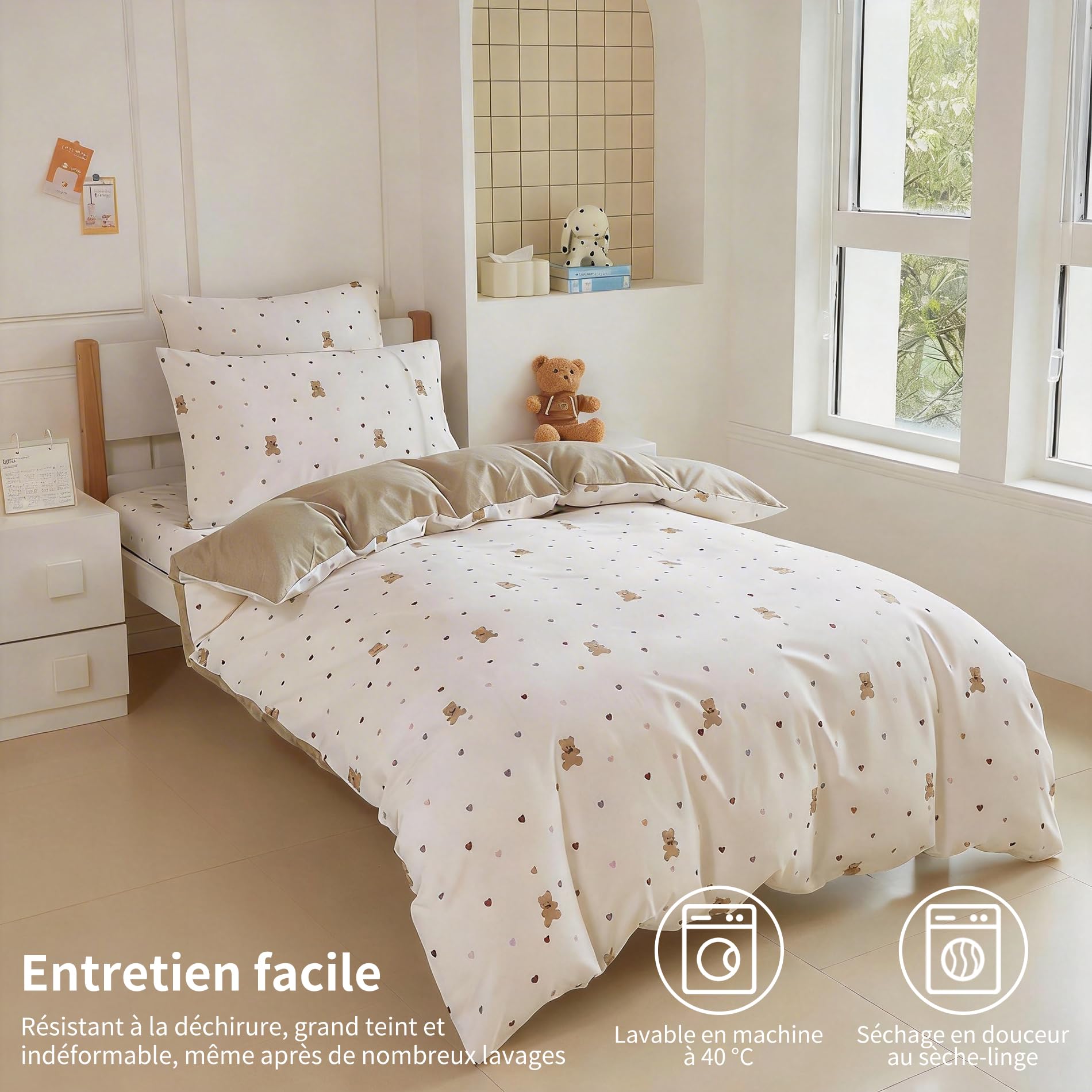 Housse de Couette 140x200 Enfant Fille Motif Cœurs Ours 100% Coton