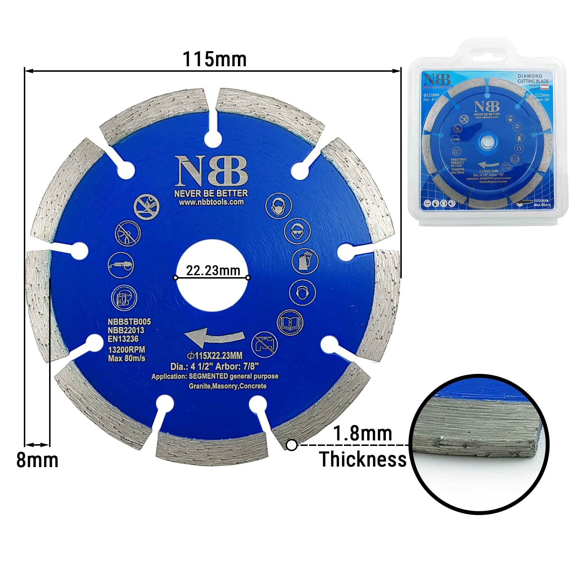 NBB Diamond Cutting Disc with 8mm Segment Durable Universal Diamond Disc Dry Cutting for Marble Granite Brick Ceramic Concrete Stone for General Purpose(1,115x22.23mm) - Image 2