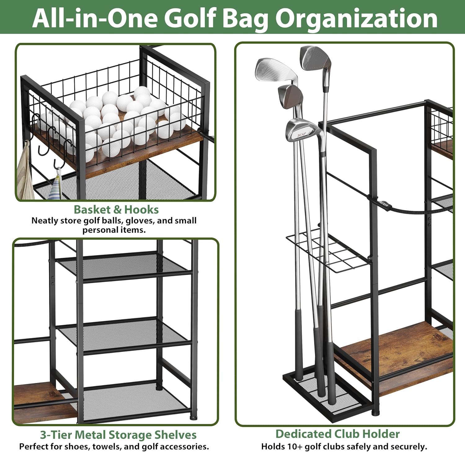 Jsskeeim Golf Bag Organizer for Golf Accessories for Men, Golf Bag Stand with Extra Storage Rack for Clubs, Golf Bag Holder for Golf Storage Fits 1 Bag, Garage, Home or Club Use, Golf Gifts for Dad