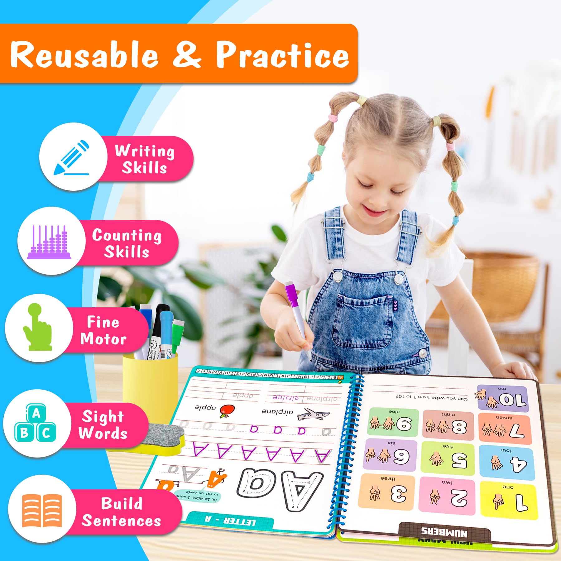 Hulupiggy Preschool Learning Activities - Reusable Letter & Number Tracing Book for Kids 3,4,5,6 Years Old -Builds Handwriting & Sight Words, PreK Kindergarten Workbook, Learning Toy Gift for Toddlers