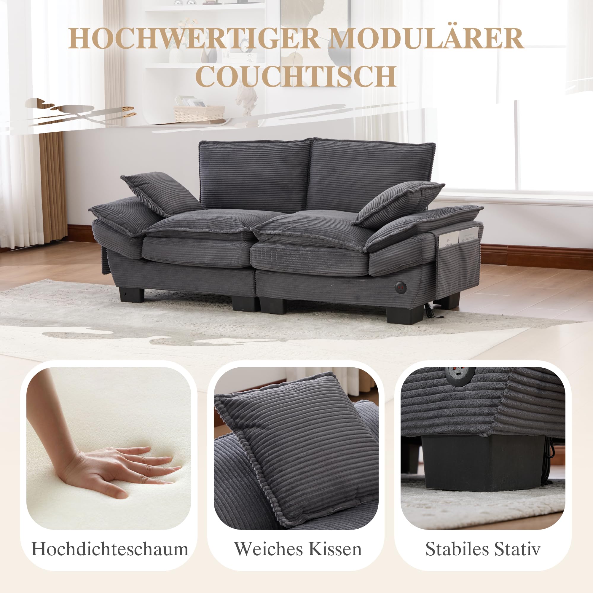 Modułowa sofa 2-osobowa, ergonomiczna szerokość siedziska z przyłączem C, sofa do salonu z bocznymi kieszeniami, do salonu, kolor ciemnoszary