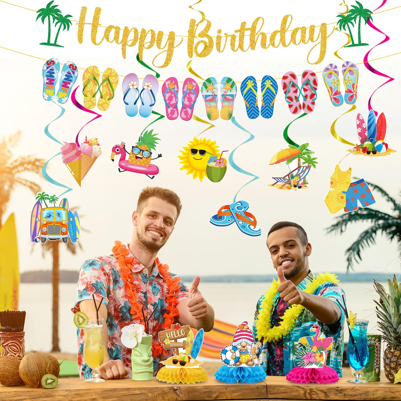 VorkiVecKi Decoraciones de fiesta de cumpleaños de verano, juego de 13 piezas de decoración de remolinos colgantes para piscina de playa, para niños, suministros de pancarta de Hello Summer Slip Flop